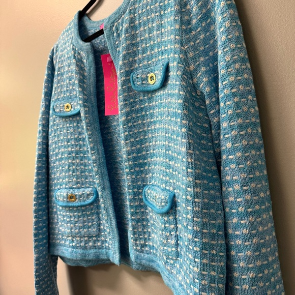 Lilly Pulitzer Kienna Cardigan in Cumulus Blue Metallic Knit Open Front Size XL - Picture 5 of 6